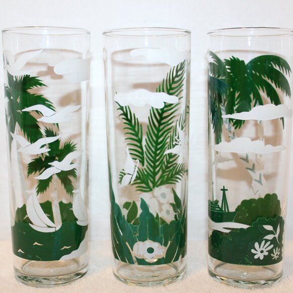 3 Vintage Libbey Tom Collins Cocktail Glasses Tropical Island Palm Tree Glasses - Picture 2 of 9